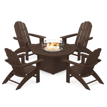 POLYWOOD Vineyard 5-Piece Curveback Adirondack Conversation Set w/ Fire Pit Table - Mahogany